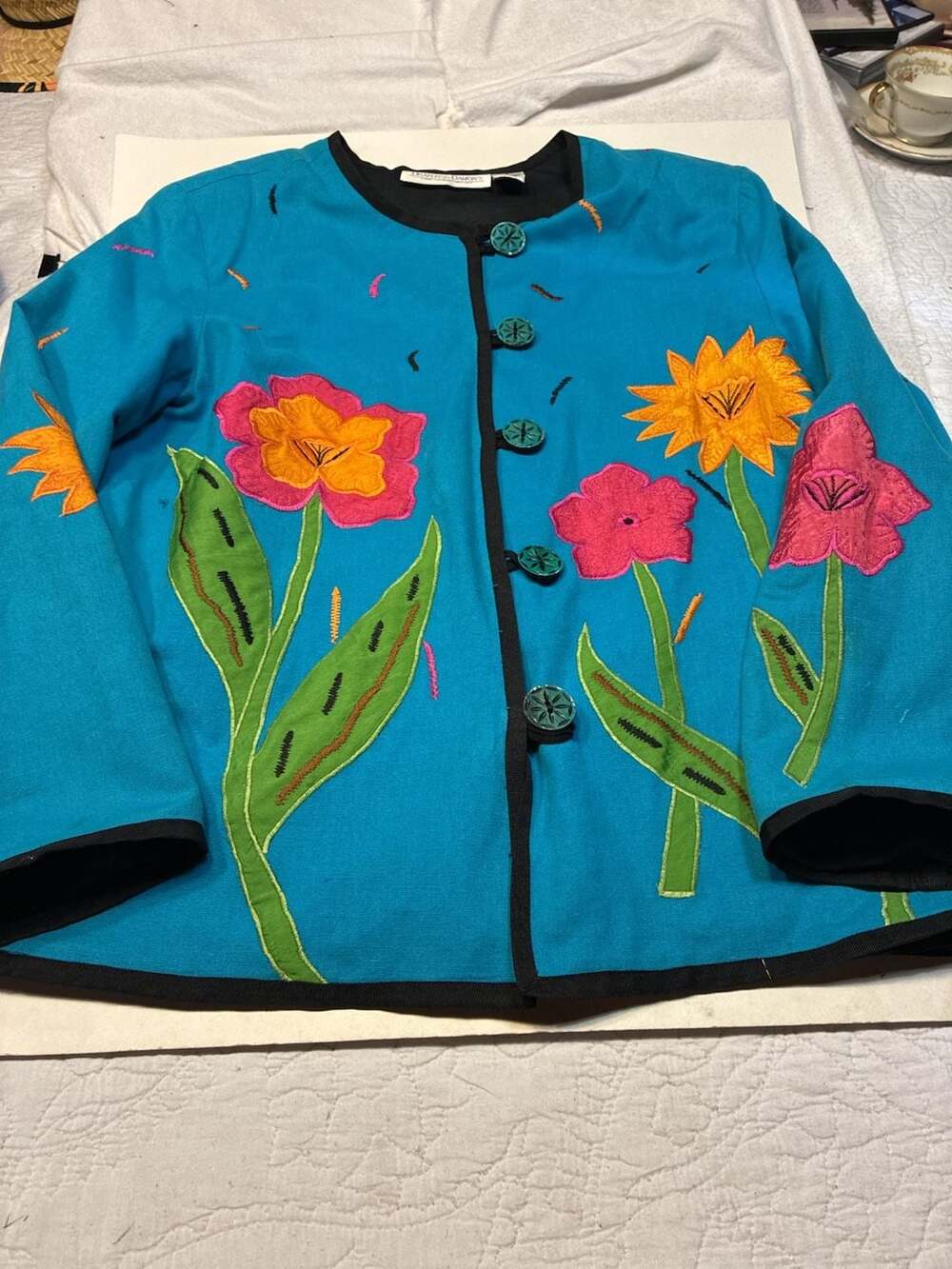 Drapers & Damon's Teal Floral Embroidered Button-Down Jacket